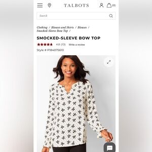 Talbots Smocked-Sleeve bow top- worn once- excellent condition. Retail‎ 129